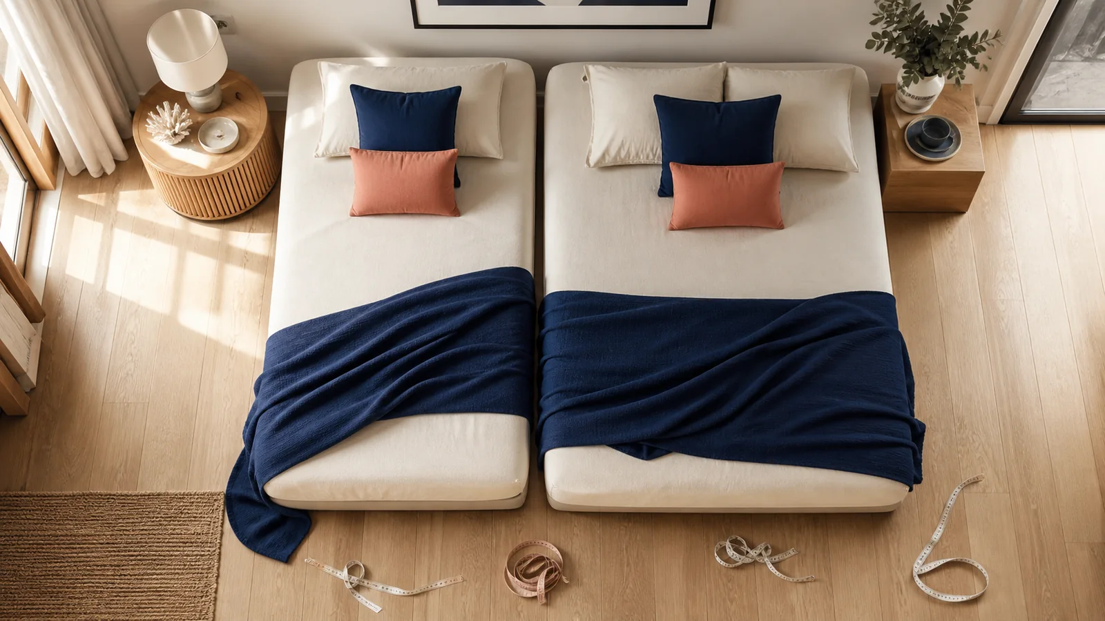 Deux largeurs de couchage comparées dans une chambre vue du dessus