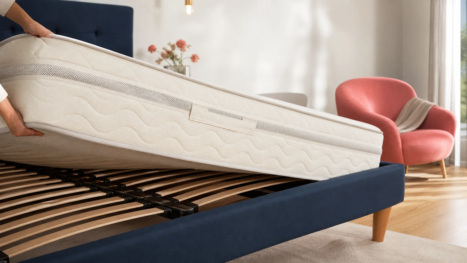 Matelas soulevé au-dessus d’un sommier à lattes