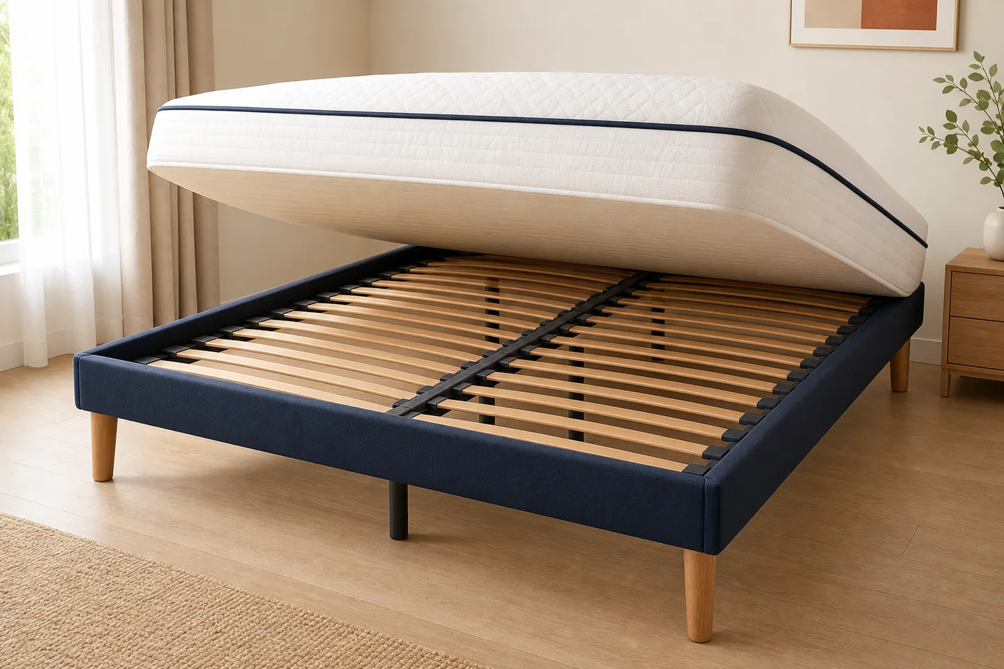 Matelas soulevé montrant les lattes régulières, la traverse centrale et les pieds d’un sommier double
