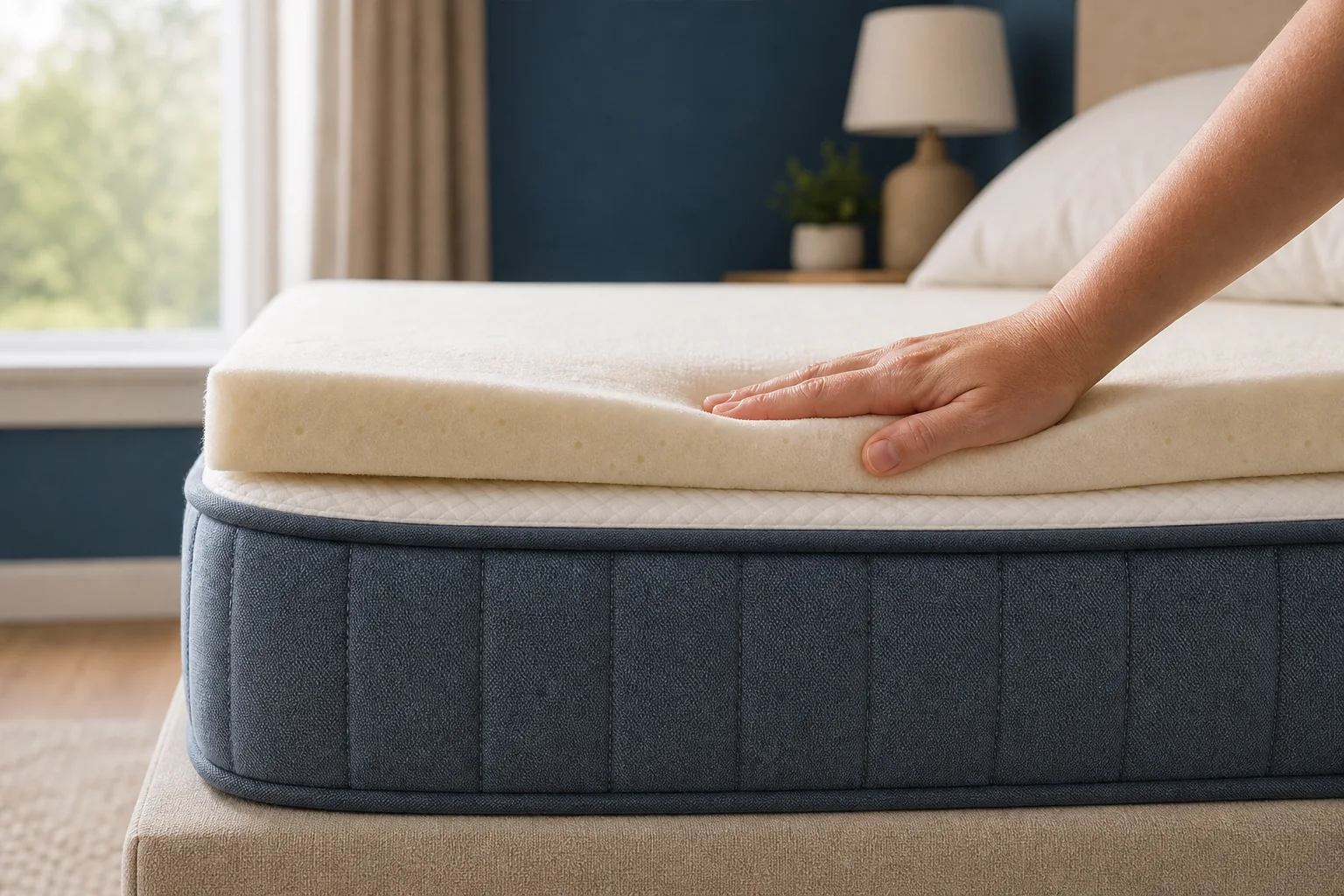 Main comprimant la couche souple d’un surmatelas tandis que le matelas ferme reste plat