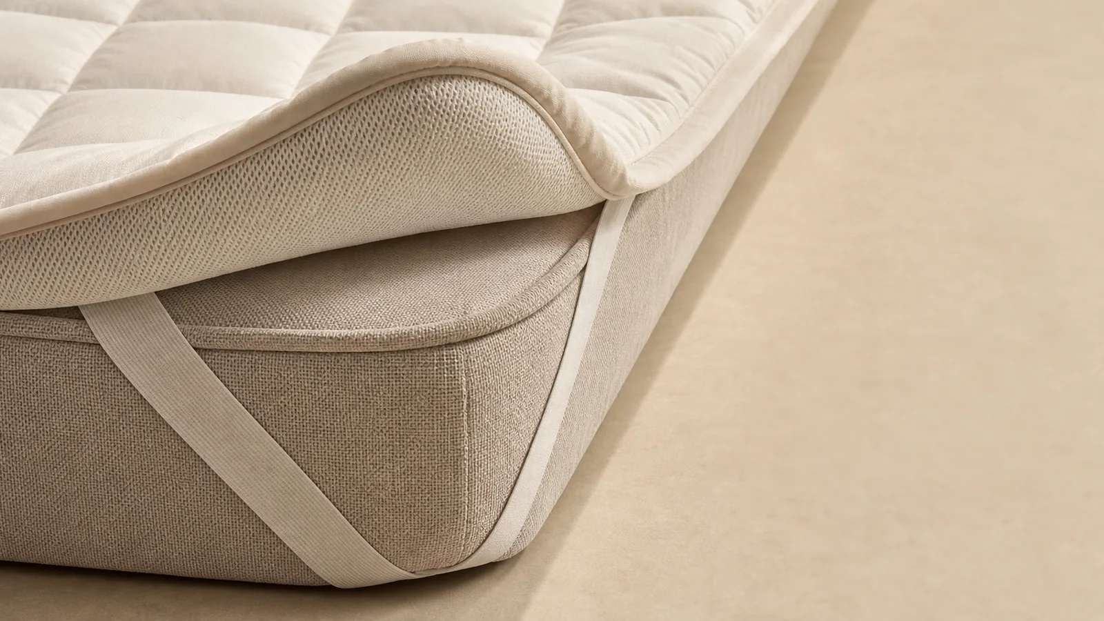 Surmatelas crème posé sur un matelas dans une chambre lumineuse