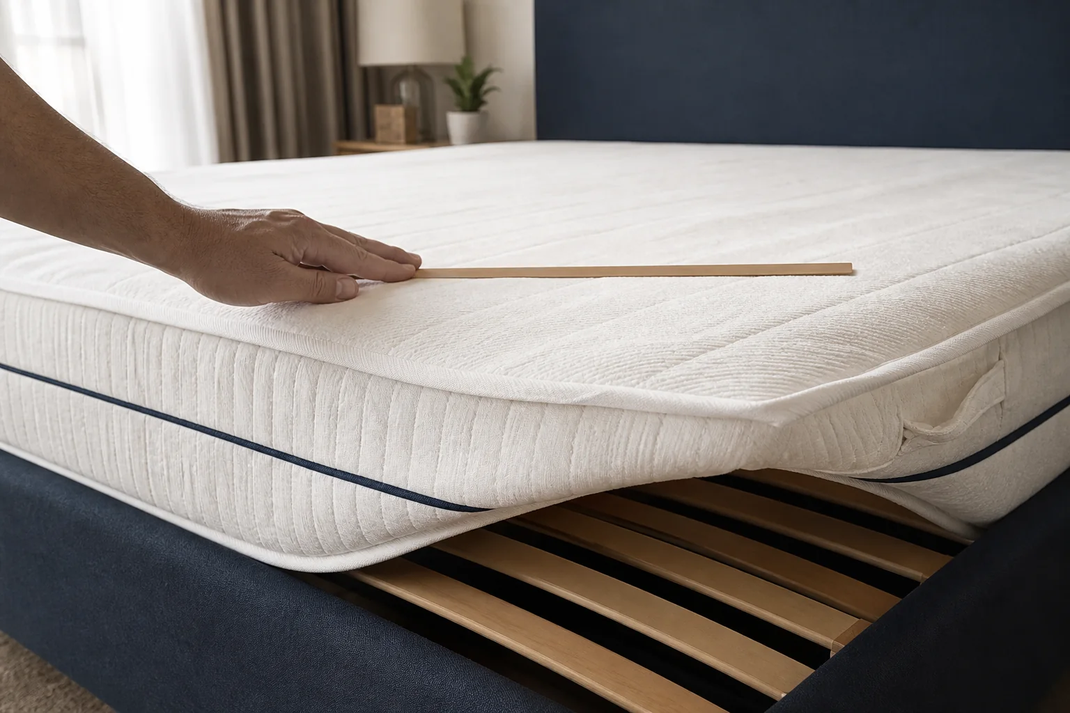 Main vérifiant la planéité d’un matelas et l’état des lattes avant la pose d’un surmatelas