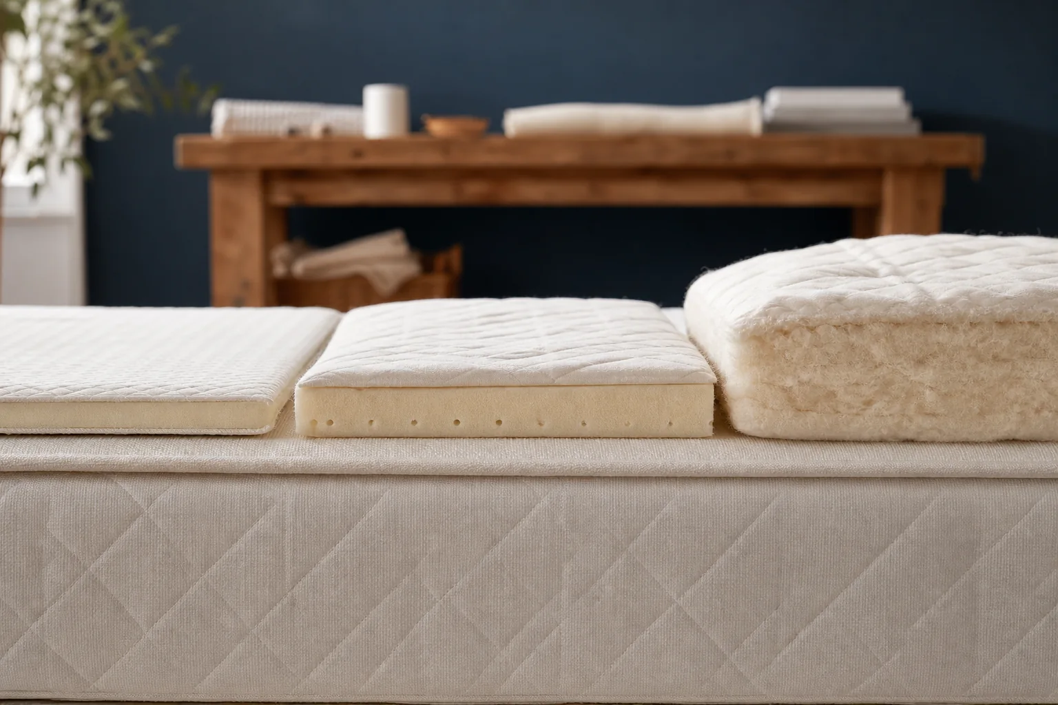 Trois échantillons de surmatelas fins, intermédiaires et épais posés sur le même matelas